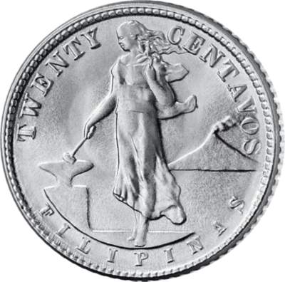 Die Vorderseite des phillippinischen 20-Centavos-St&uuml;cks aus echtem Silber