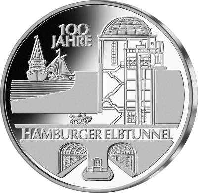 Die Vorderseite der Silber-Gedenkm&uuml;nze "Elbtunnel"